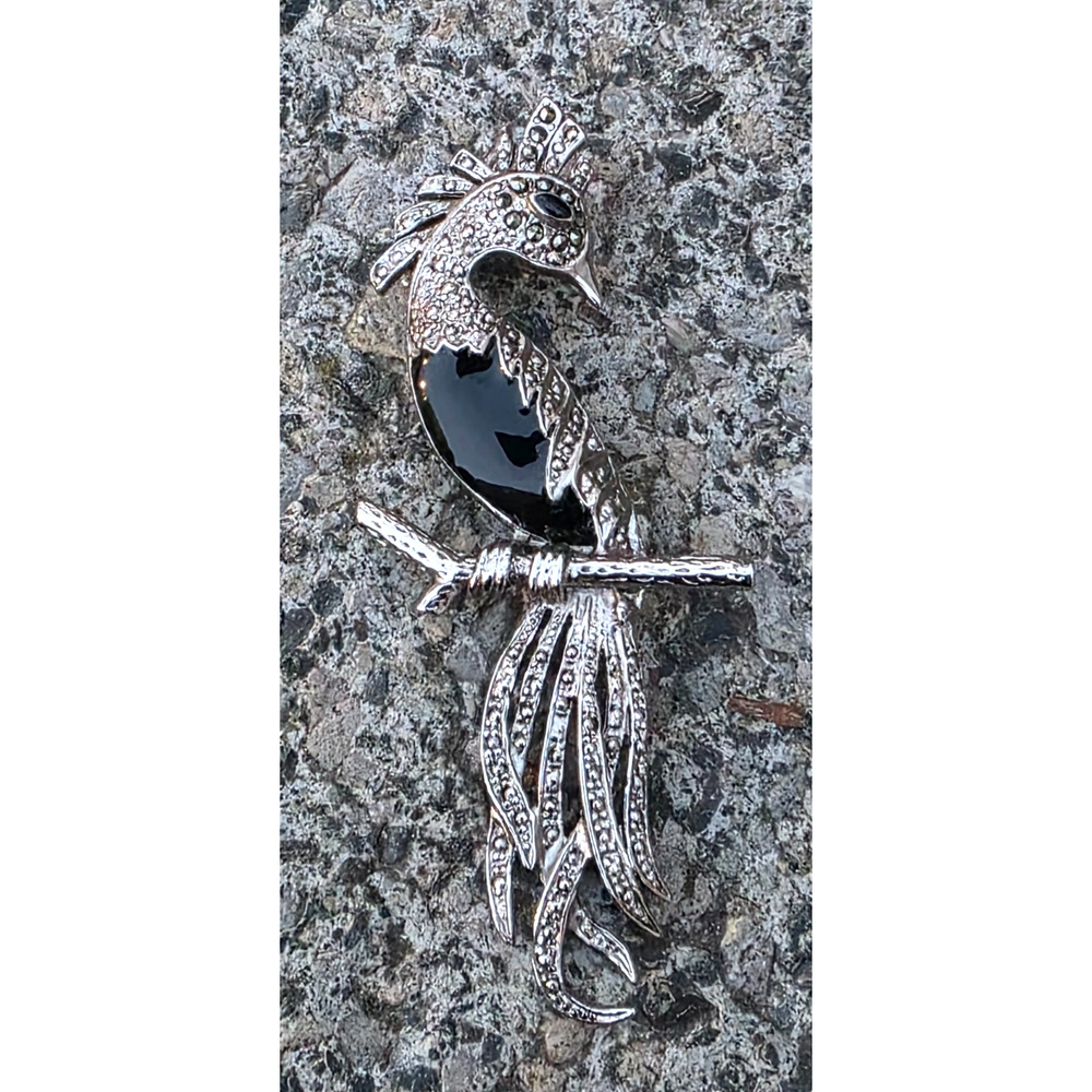 Vintage Silver Tone, Marcasite And Enamel Bird Of Paradise 3" Brooch Pin